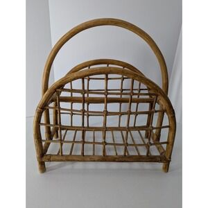 Vintage Boho Rattan Magazine Rack Bamboo Wicker Newspaper Holder Mid Century MCM